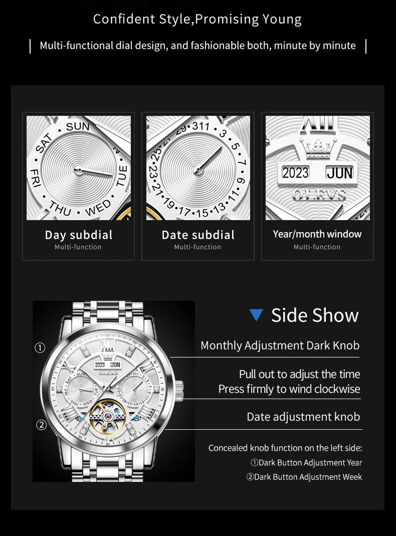 OLEVS Original Automatic Mechanical Wrist Watch for Men Week Month Stainless Steel Waterproof Business Watch for Men TOP Brand