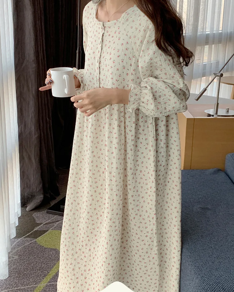 Muslin 100%Cotton Gauze Fashion Print Women Dress Casual Chic Long Sleeve Button Up Oversized Long Dresses Comfortable Homewear