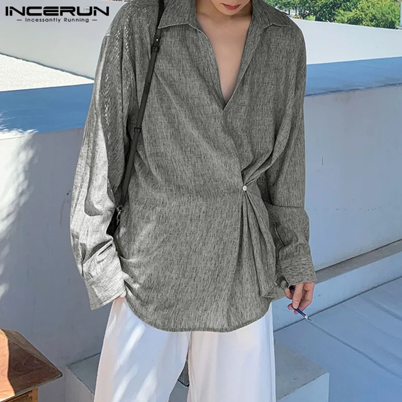 INCERUN الرجال غير النظامية قميص الصلبة التلبيب كم طويل زر الرجال الملابس فضفاضة الشارع الشهير الكورية نمط بلوزات على الموضة الذكور القمصان