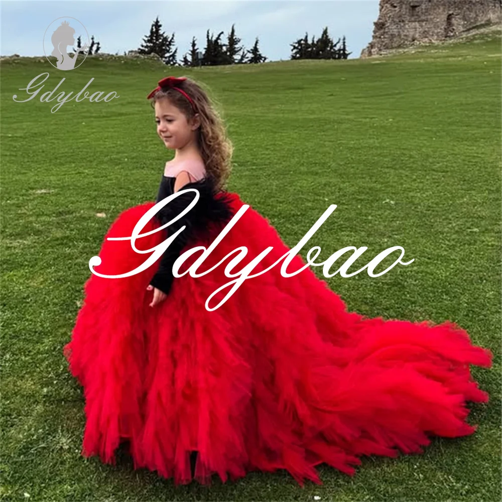 Pleat Tulle Lace Elegant Princess Flower Girl Dress Off The Shoulder Floor Length Long Ball First Communion Dress Customized New