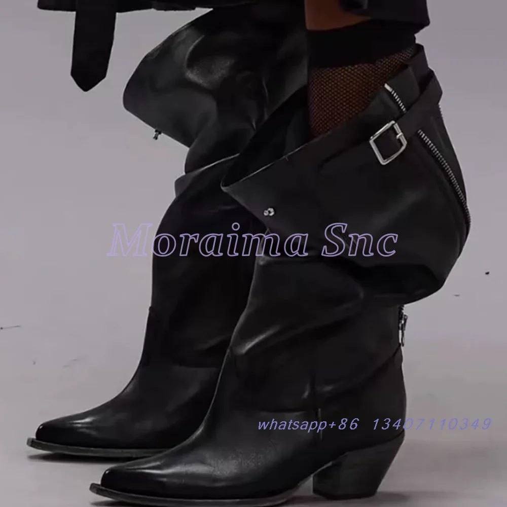 2026 جديد أشار تو حزام مشبك حذاء برقبة للركبة عمود كبير سحاب معدني ديكور كتلة صندل بكعب مكتنز موضة المدرج المرأة التمهيد الطويل #5