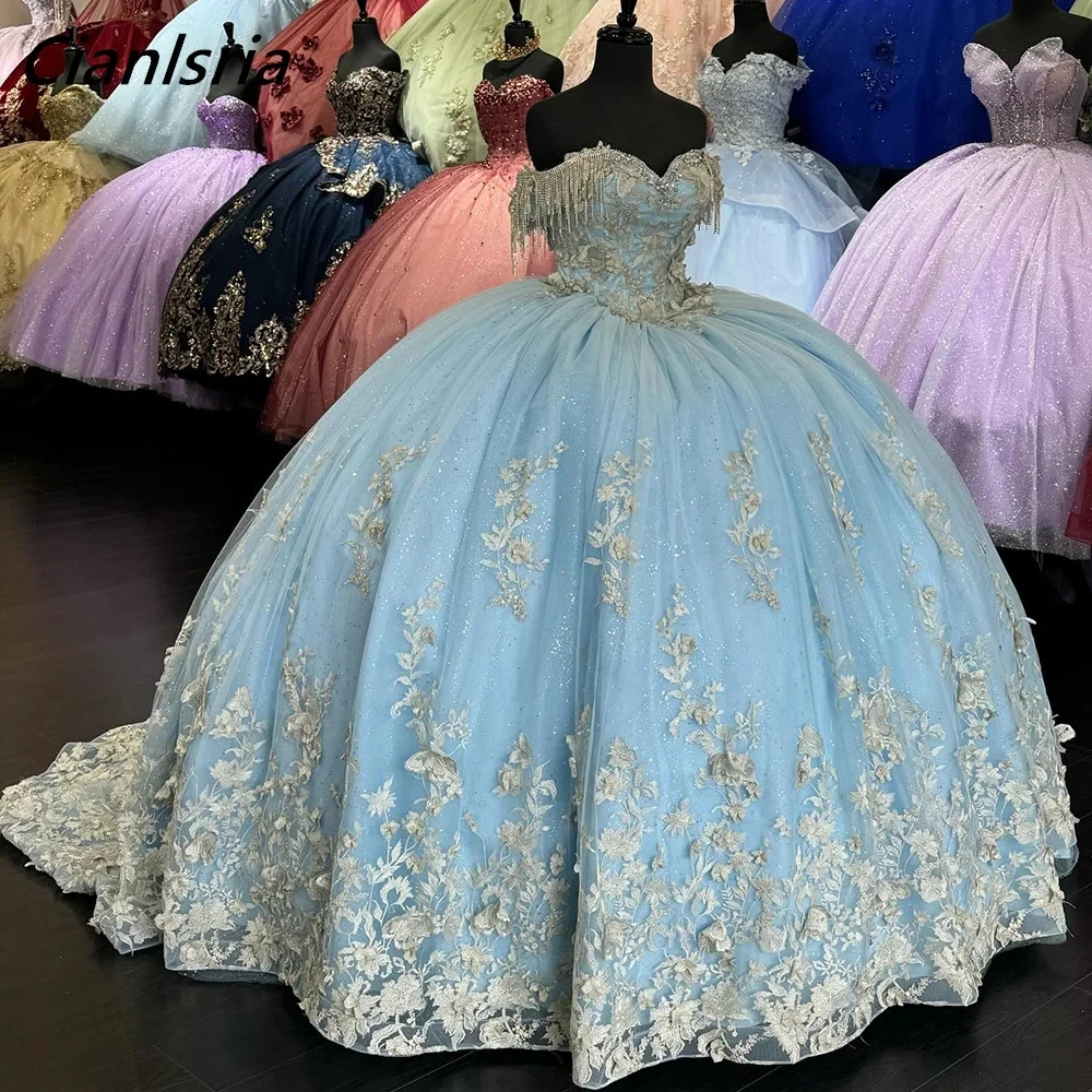 Azzurro Off The Shoulder perline nappa Ball Gown Quinceanera abiti Appliques floreali corsetto di pizzo Vestidos De 15 asenos