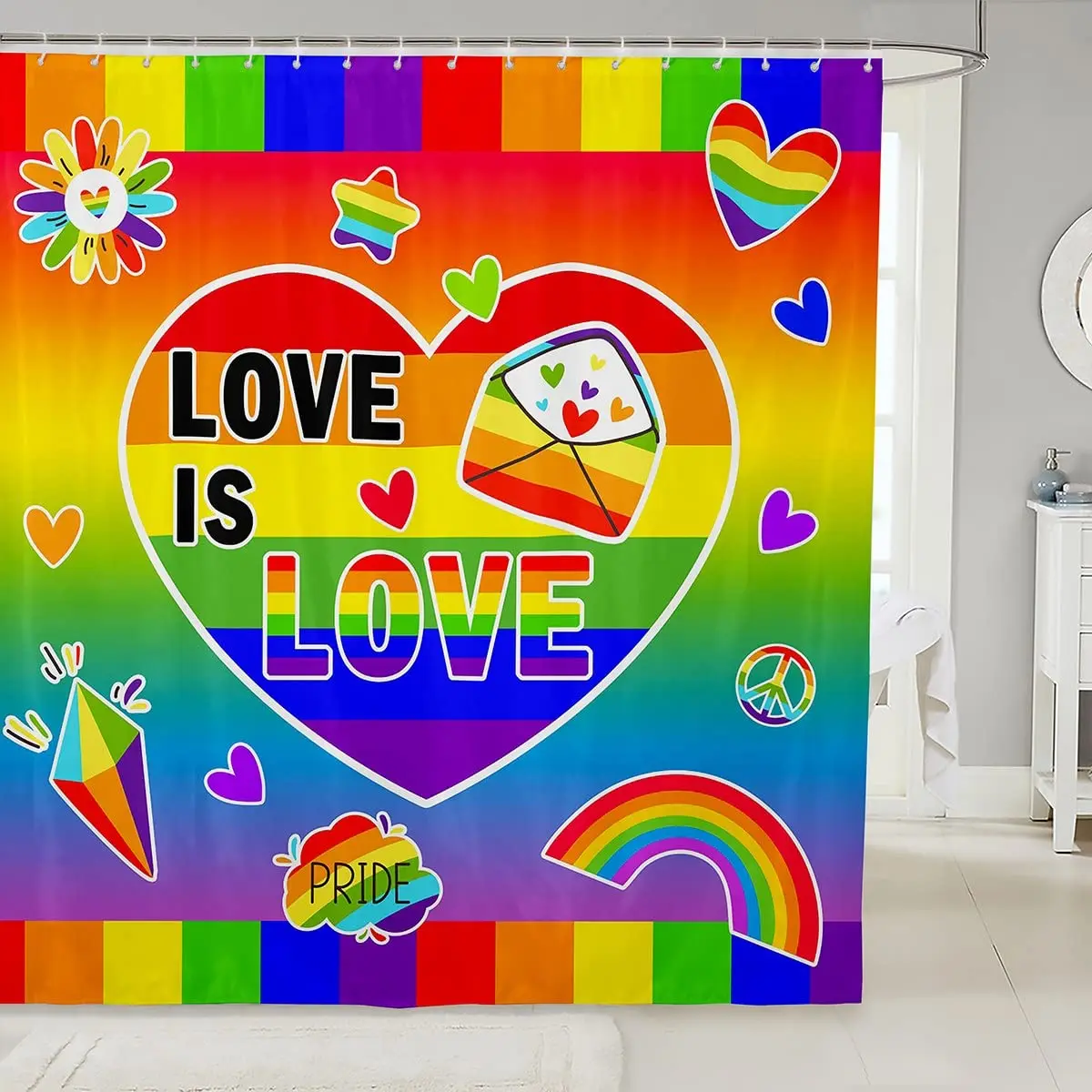 Rainbow Shower Curtain Pride for Love Romantic Bath Curtains for Teen Loving Heart Peace Watercolor Graffiti Waterproof Curtains