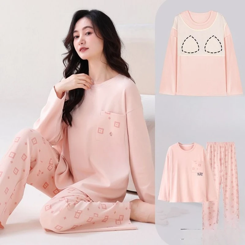 

Self-contained Chest Pads, Pajamas, Women's Long-sleeved Pure Cotton Spring and Autumn Suits, Can Large-size Women's Loungewear