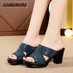 Women's Open Toe Slippers Sequins Platform Sweet Elegant Summer Fashion Popular Comfort High Thick Heel Casual Black Sandals PU