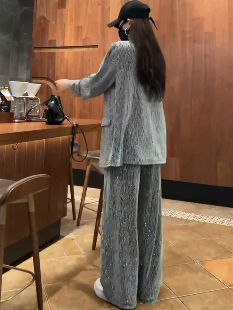 Laid-ba Sle Faion frauen Frühling Sommer Neue Anzug Kragen Lose Oberbekleidung Breite Bein Hosen Diamant Set Trendy ensemble