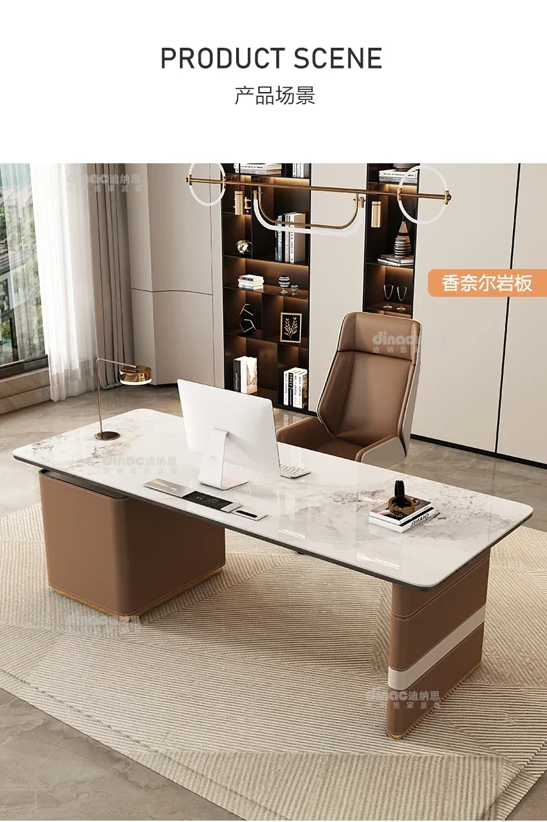 Light Luxury Stone Plate Saddle Leather Desk Study Designer Living Room Long Solid Wood Desk Home