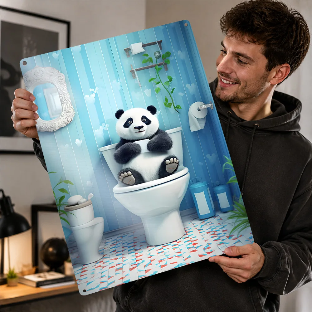 Panda Sitting On Toilet Textured Metal Poster Playful Cartoon Wall Art For Powder Room Customized Aluminum Sign Pet Lover Gift