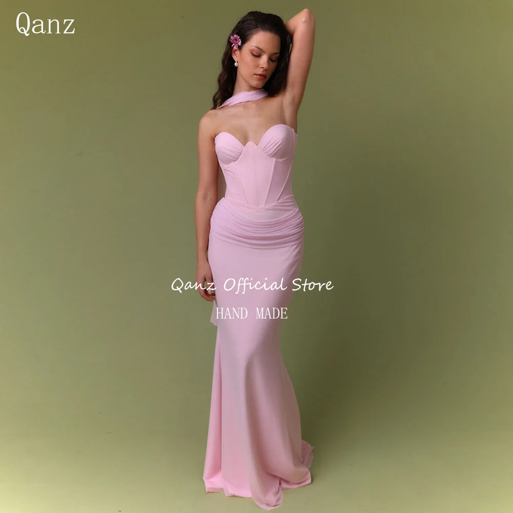 Qanz Elegant Satin Evening Dress Pink Mermaid Sleeveless Wedding Guest Dresses Backless Women Vestido De Festa Customized