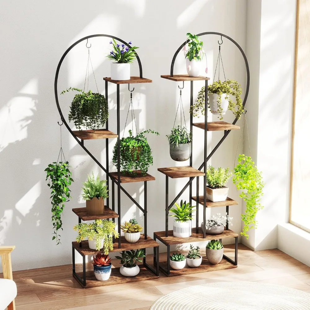 

6-Tier Metal Plant Stand,Heart-Shape Ladder Plant Shelves w/ 12 Boards & 6 Hanging Hooks,Metal Frame,Tall Flowerpot Display Rack