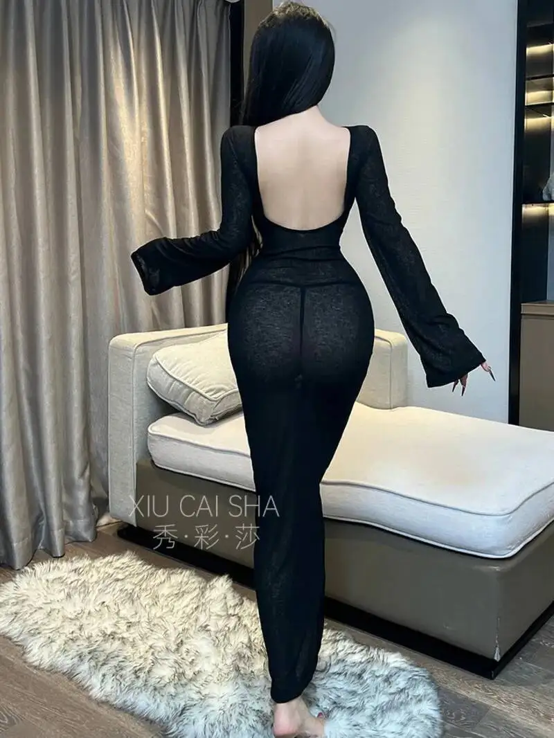 Pigiama sottile sexy girocollo sexy per coppie Allettante desiderio puro Abito lungo Elegante pizzo a rete Sheer Sweet Abiti da donna 4FXS