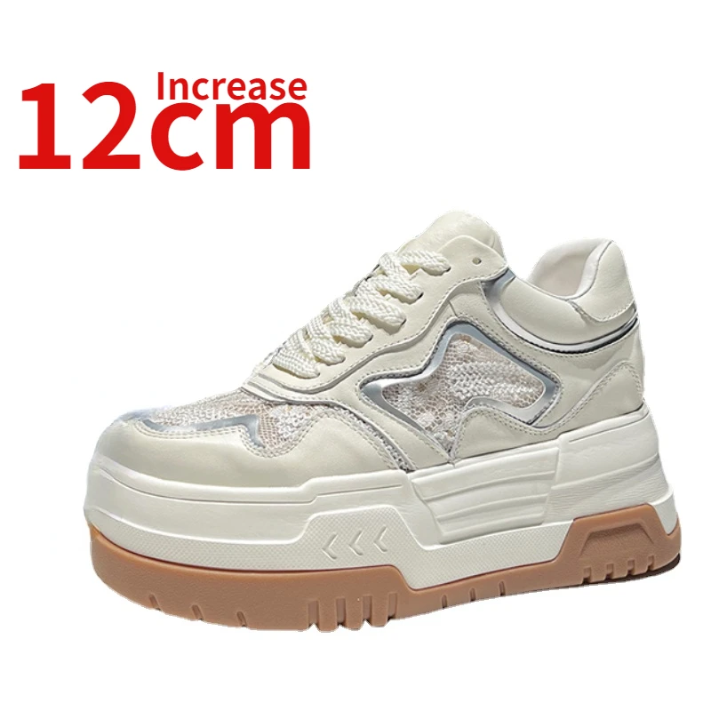 Genuine Leather Lace Mesh Design Thick Sole Small White Shoes for Women 12cm Height Increased and Breathable Casual Sports Shoes