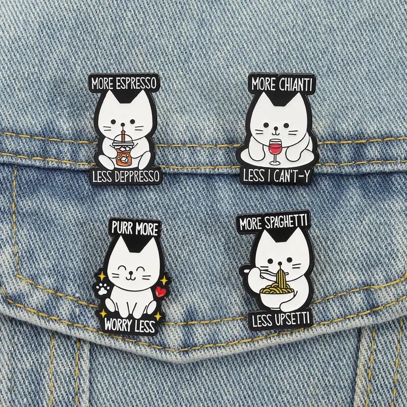 Cartoon Fun Noodle Eating white Cat Enamel Pins Cute Cat Metal Accessory Badge Brooches Lapel Badge Jewelry Gifts for Friends