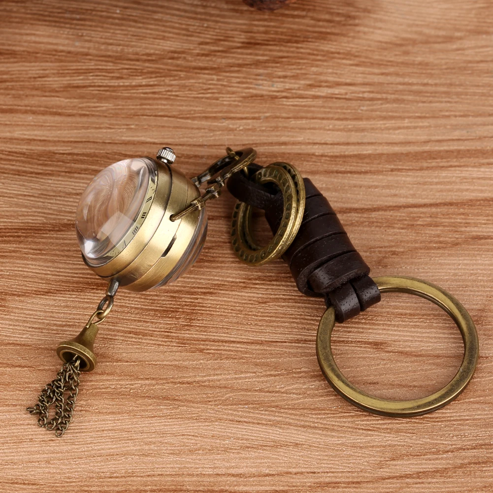 Adorável Bola De Vidro Transparente Em Forma De Bronze Keychain Pocket Watch Quartz Analógico Numerais Romanos Amarelo/Preto Dial Pingente Relógios