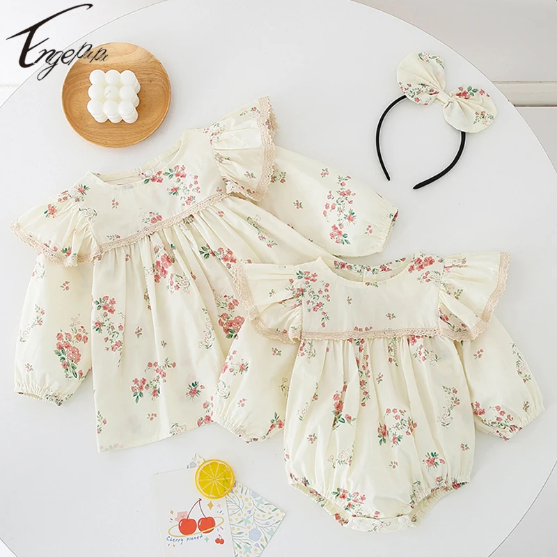 

Toddler Girls Rompers Clothes Spring Autumn Baby Rompers+Hair Band 2pcs Kids Girls Long Sleeves Sweet Floral T-Shirt Clothes