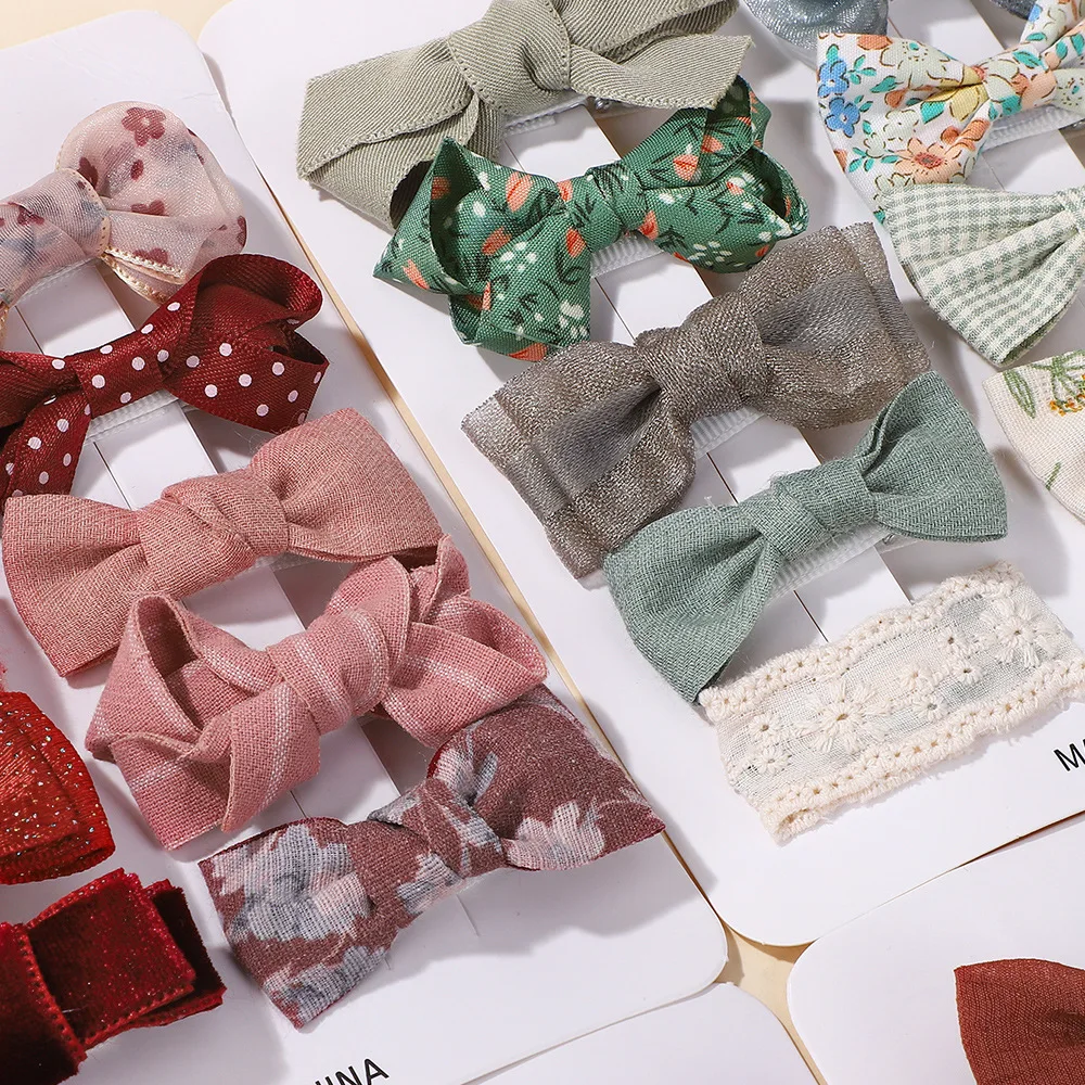 

5PC Baby Girl Floral Print Glitter Bow Hair Clips Wool Knit Cotton Barrette DIY Hairgrips - Assorted Colors