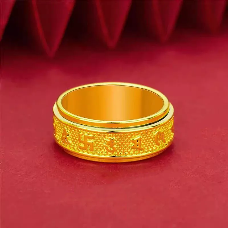 Gold AU999 ring six-word mantra rotating ring domineering men and women same style couple ring 24K ring