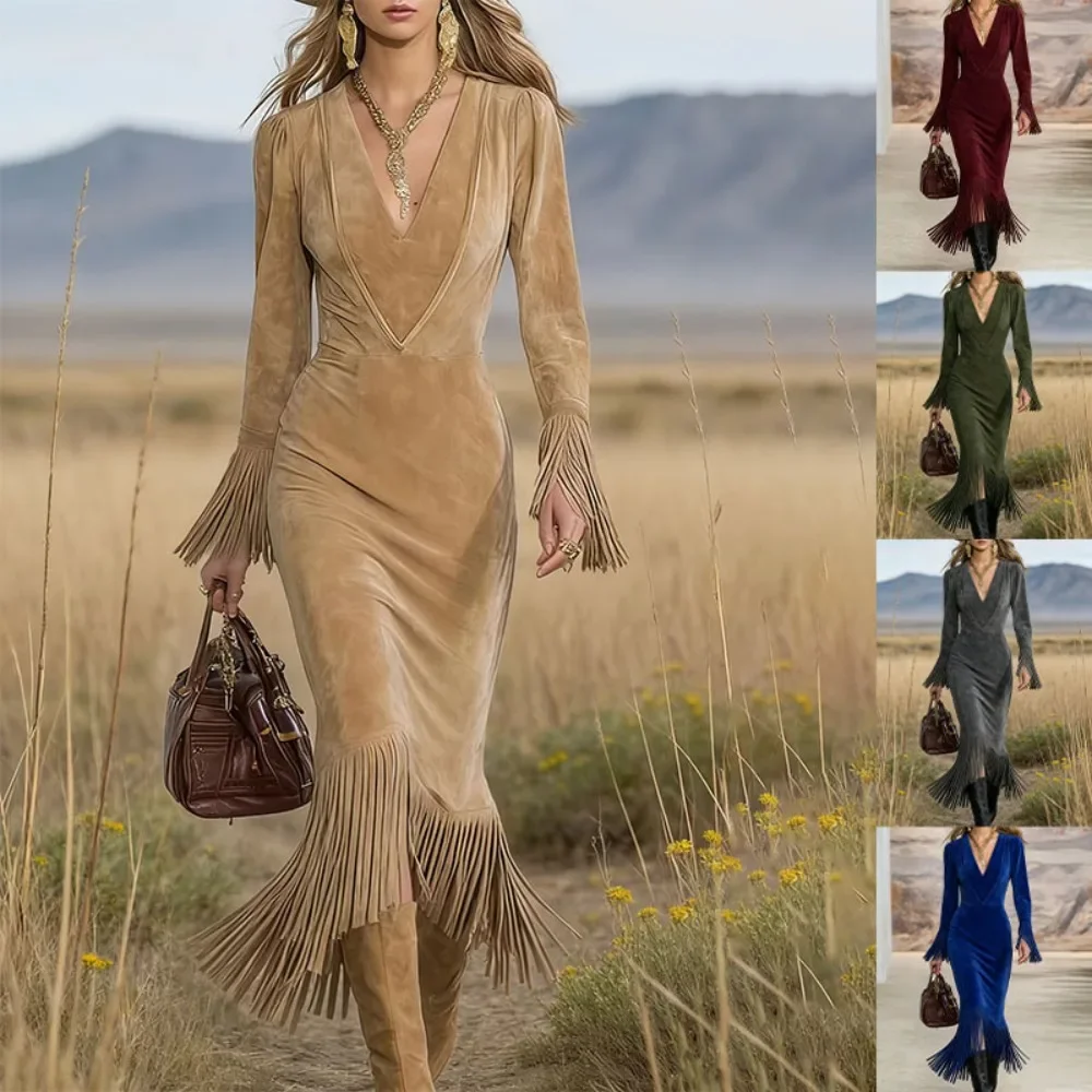Retro Western Cowgirl Fringe Dress Long Sleeve Slim Fit Street Style Women Dress