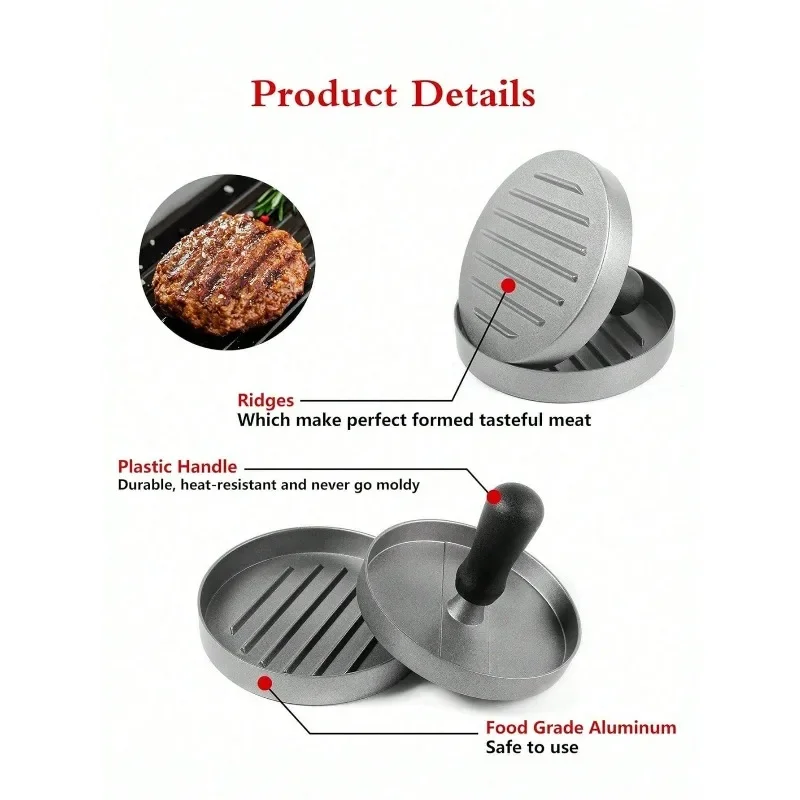 Burger Patty Press, Aluminum Alloy Manual Burger Maker with Filling Tool, Black Handle, Hamburger Mold for Breakfast Pancake view 5