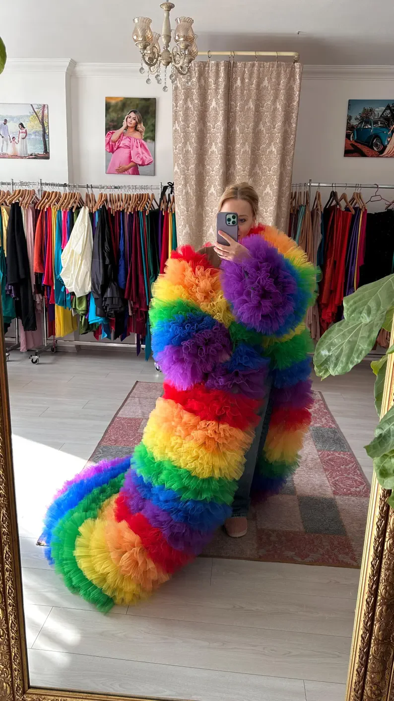 Colorido plissado em camadas capa inchado tule shoot robe vestidos de festa moda feminina casaco de palco jaquetas arco-íris jaqueta longa qualquer cor