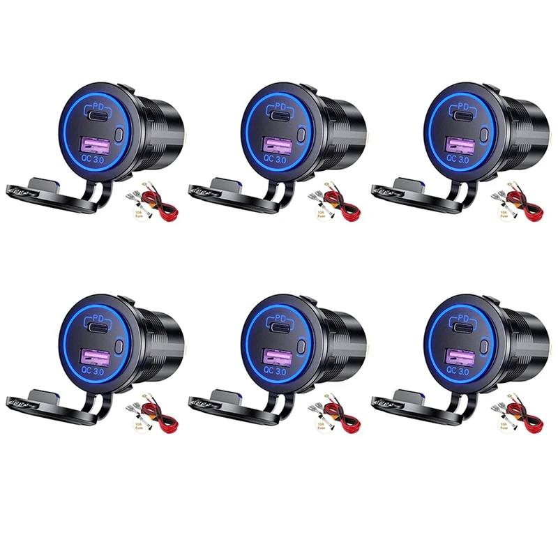 

6X PD Type C USB Car Charger And QC 3.0 Quick Charger 12V Power Outlet Socket With ON/Off Switch Blue