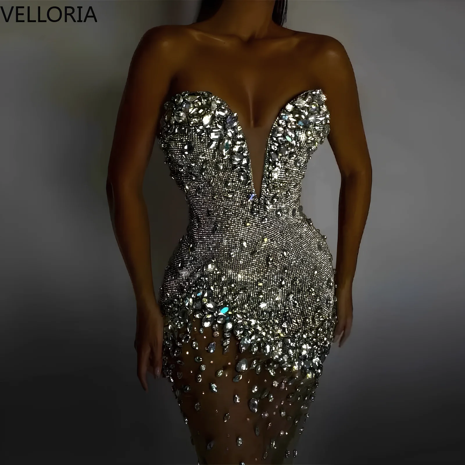 

Блестящее вечернее платье-русалка с V-образным вырезом, без рукавов, из фатина, с роскошными стразами, для выпускного вечера, на заказ