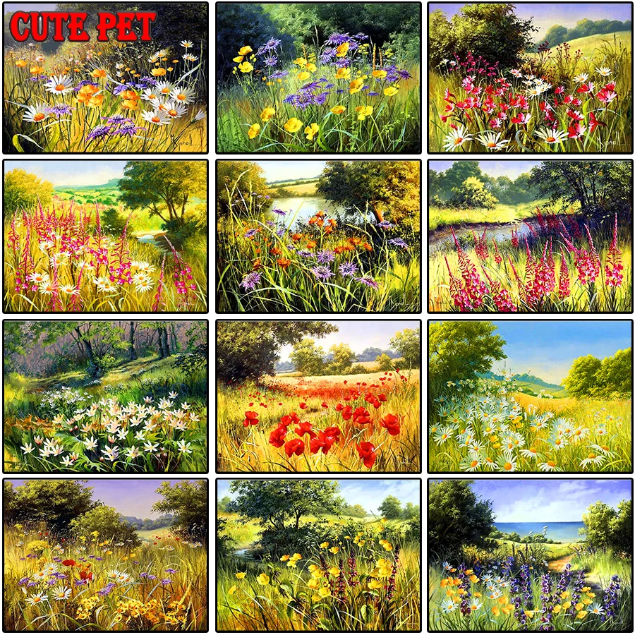 natural scenery diy diamond painting Wild flowers and weeds mosaic cross stitch embroidery round square stones decoration salon