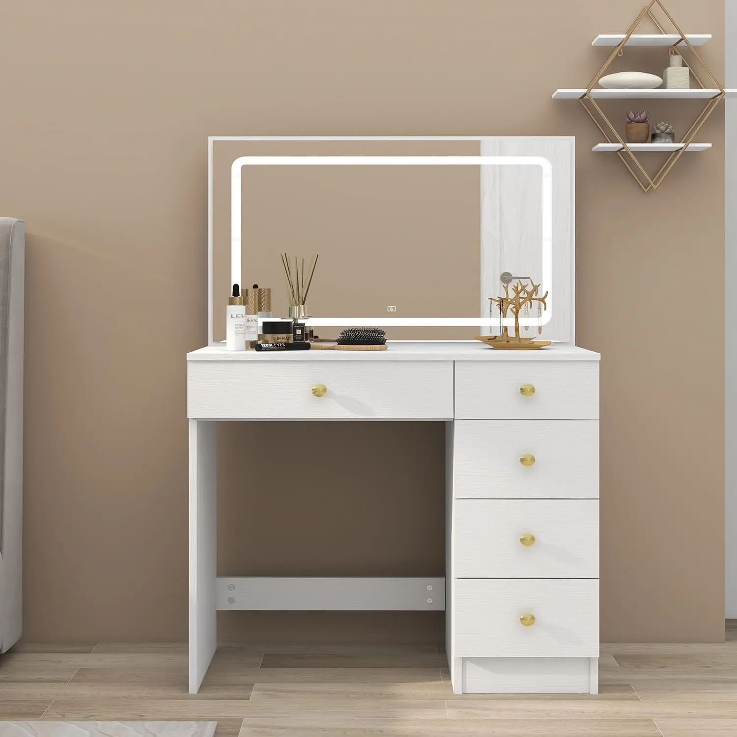 Makeup Vanity With Large Lighted Mirror, Vanity Desk With 5 Drawers Vanity Set With Power Outlet 3 Color Lighting Modes