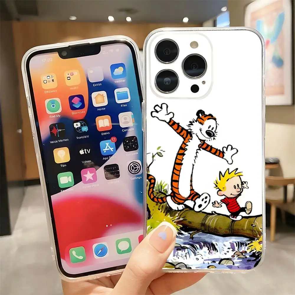 Cartoon C-Calvin And H-Hobbes Phone Case Transparent For Iphone 15 Plus 16 Pro Max 14 Pro 11 12 Pro 13 7 8 X XR XS SE Back Cover