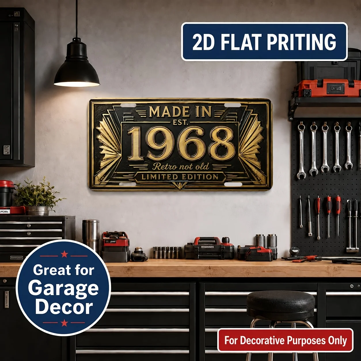 2D Flat, [2D Flat] 2D Flat Surface, 1pc, Vintage Metal License Plate Wall Sign, 1968 Theme - Durable and Fade-Resistant, Indoor/