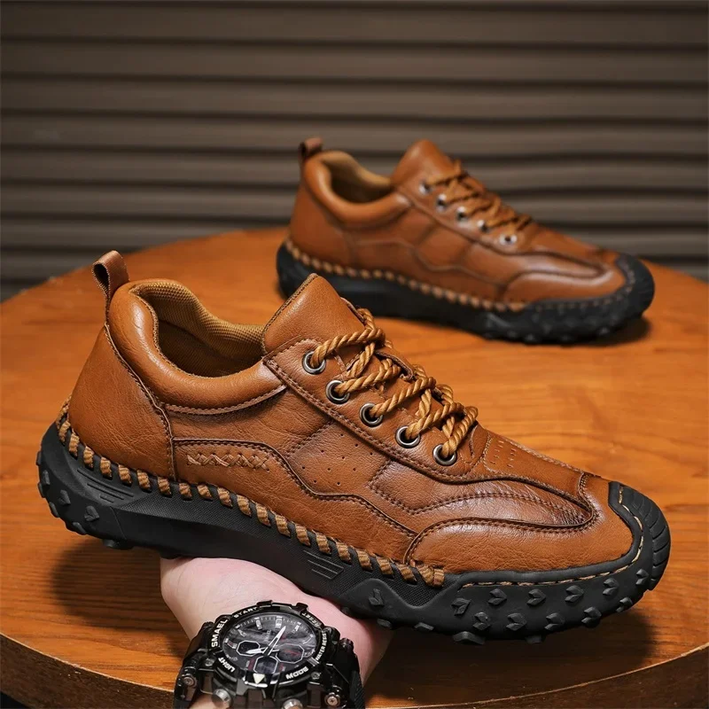 

Men's Leather Casual Shoes Comfortable Outdoor Black Rubber Hiking High-top Men's Outdoor Hiking Boots Sneaker Shoes for Men