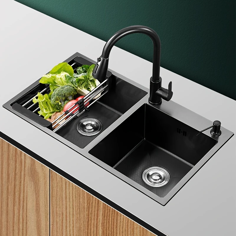 Super Large Double Bowl Kitchen Sink Base 60/40 Split 304 Stainless Steel Double Sink, Rounded Corner Design