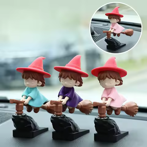 Cute Flying Witch Car Dashboard Ornament Mini Wizard Broom Figurine Funny Auto Interior Decor