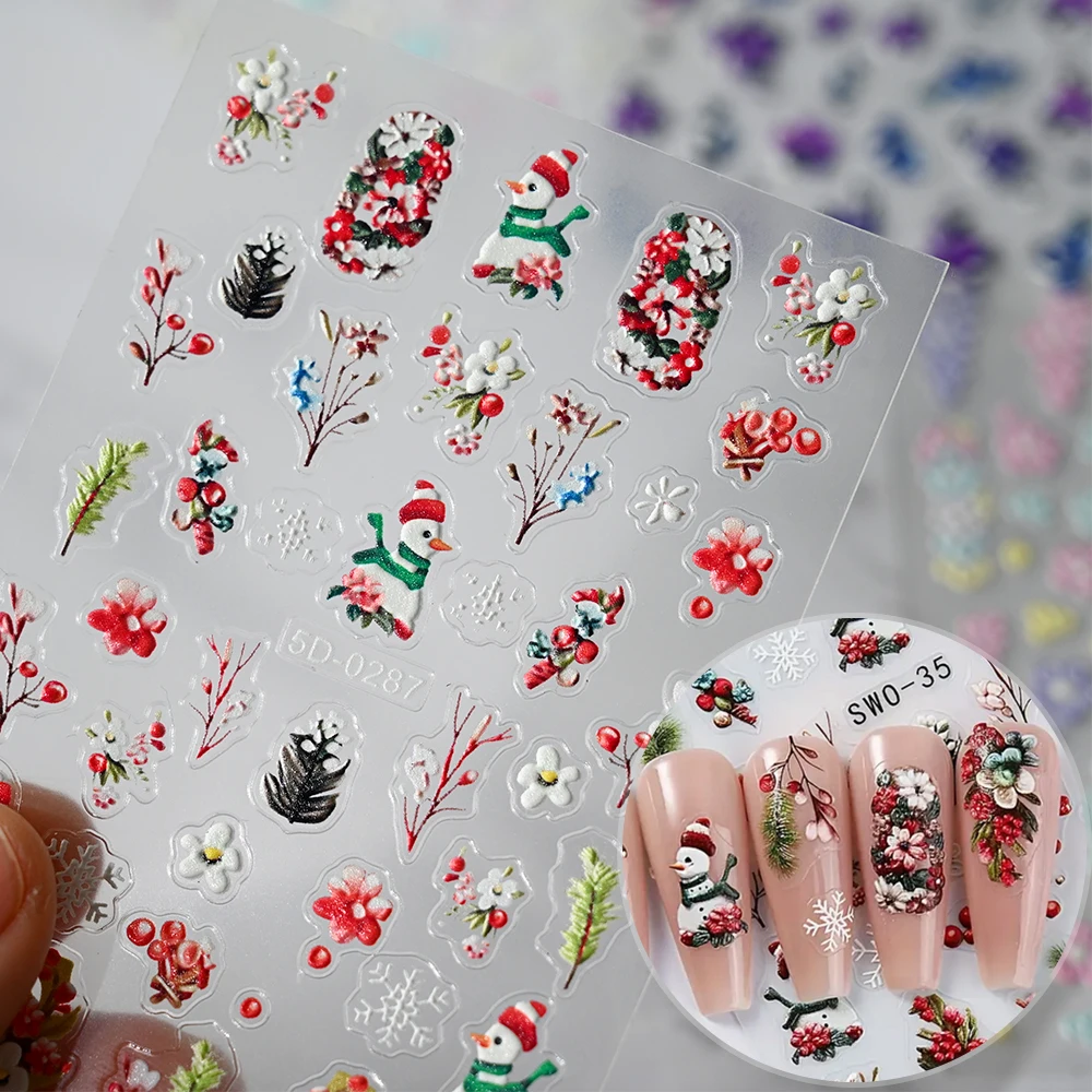 5D geprägte Weihnachten Nail Art Aufkleber Cartoon Relief Schneemann Blumen Weihnachtsbaum Designs Y2k Winter DIY Urlaub Nagelaufkleber