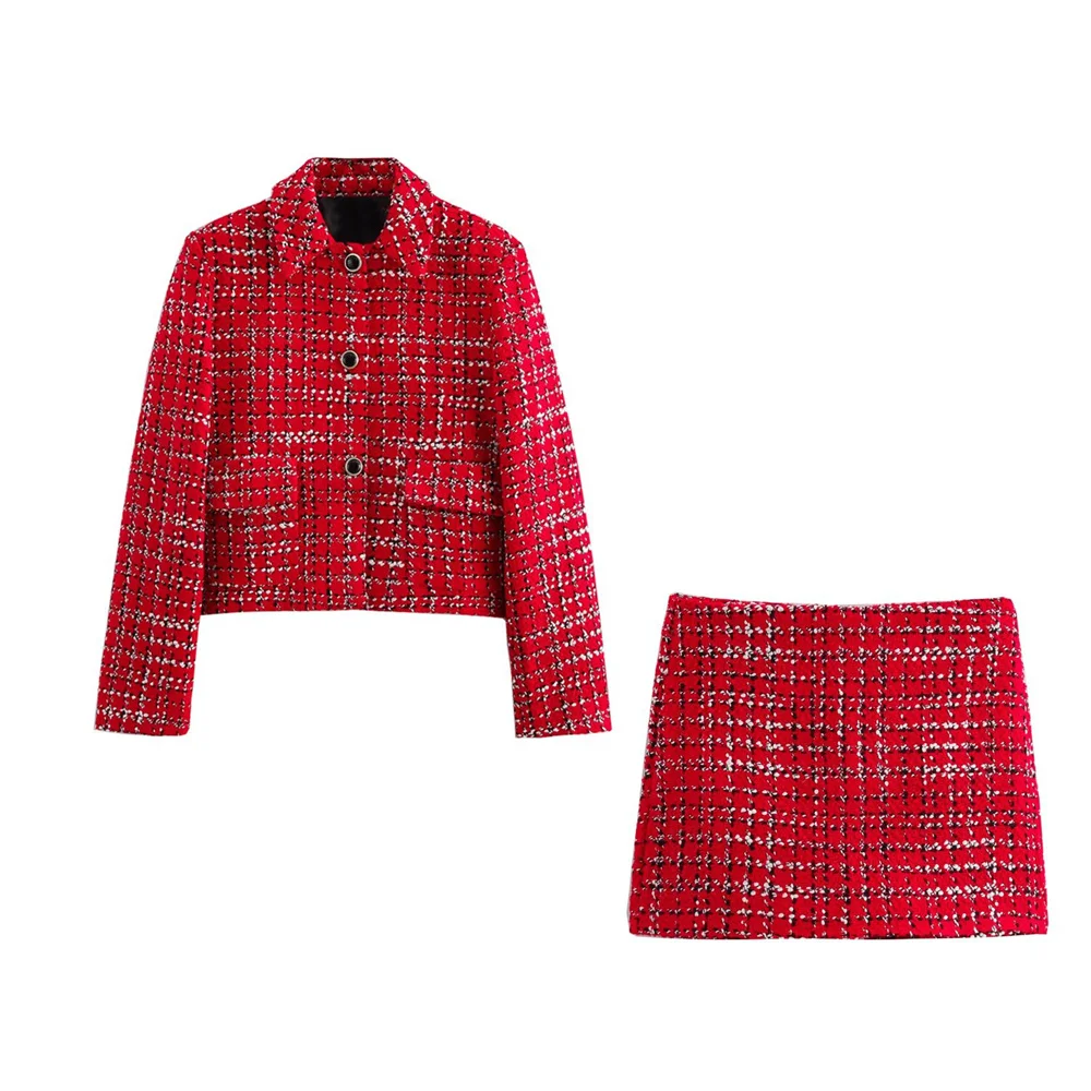 BMURHMZA Autumn/Winter New Product Women\'s Wear with Shoulder Pads, Coarse plaid Texture Coat, High Waist Skirt Pants Set