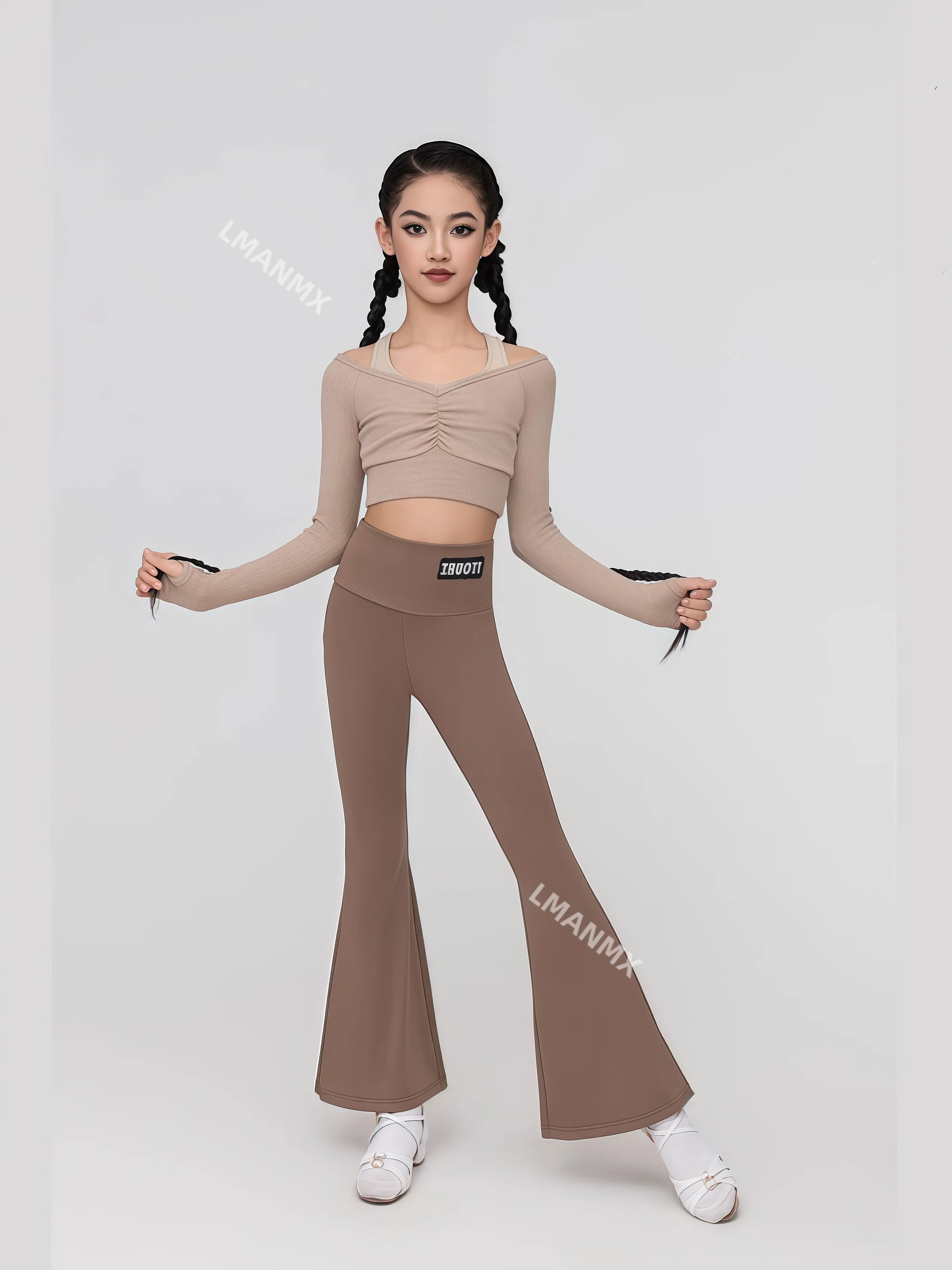 

2023 осенне-зимнее платье для латинских танцев, новое платье с открытыми плечами и длинными рукавами, комплект микро-рампанан с разрезом, спортивная одежда для тренировок