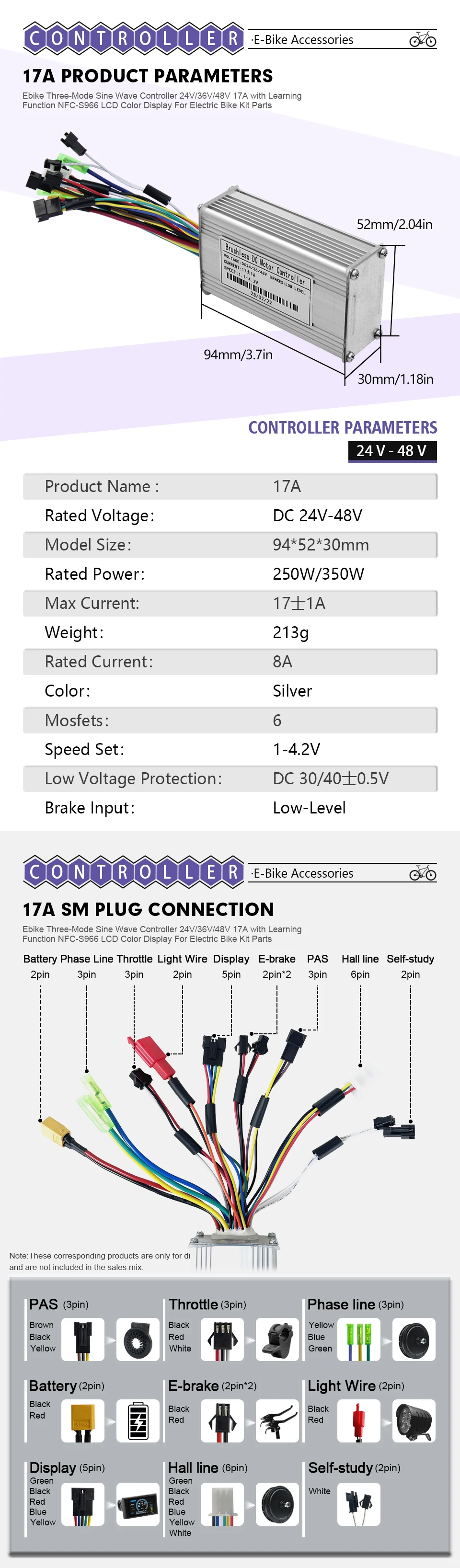 3-Modus 17A Sinuswellen-Controller 36V48V 250W350W Bürstenloser Motor-Controller UART-Protokoll Nr. 2, ohne Hall-Sensor, für E-Scooter-Fahrrad – Detail 2