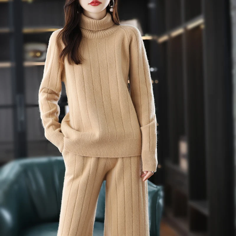 Suit 2024 Hot Sale Ladies Long Sleeve Turtleneck Cashmere Sweater Casual Knit Loose Wide Leg Pants Women 100% Pure Wool Suit