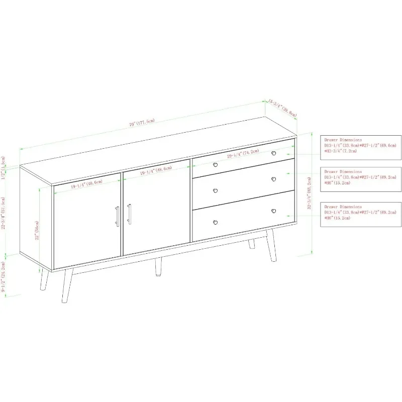 Buffet Sideboard Entryway Serving Storage Cabinet Doors-Dining Room Console, 70 Inch, Acorn