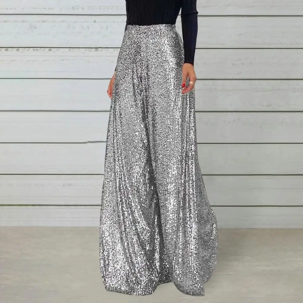 Soft  Chic Sequins Wide Leg Baggy Pants Lightweight Women Pants High Waist   Female Clothing