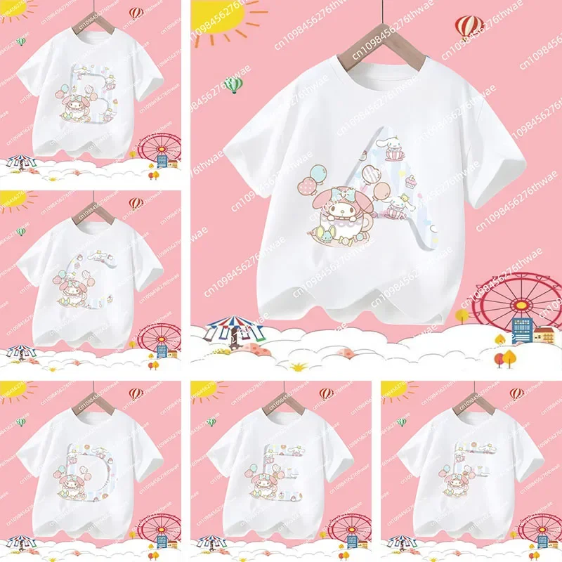 

Cinnamoroll 26 Letters T-shirt Children Sanrio Cartoon T-shirt Fashion Pink Short Sleeve Cute Anime Loose Clothing Kid Tee Gift