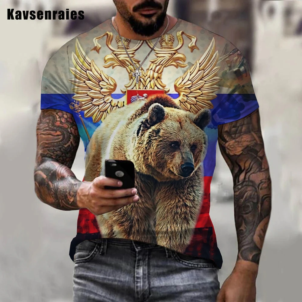 Camiseta de oso con bandera rusa para hombre y mujer, ropa de calle Harajuku de manga corta informal, Tops de gran tamaño, moda de verano