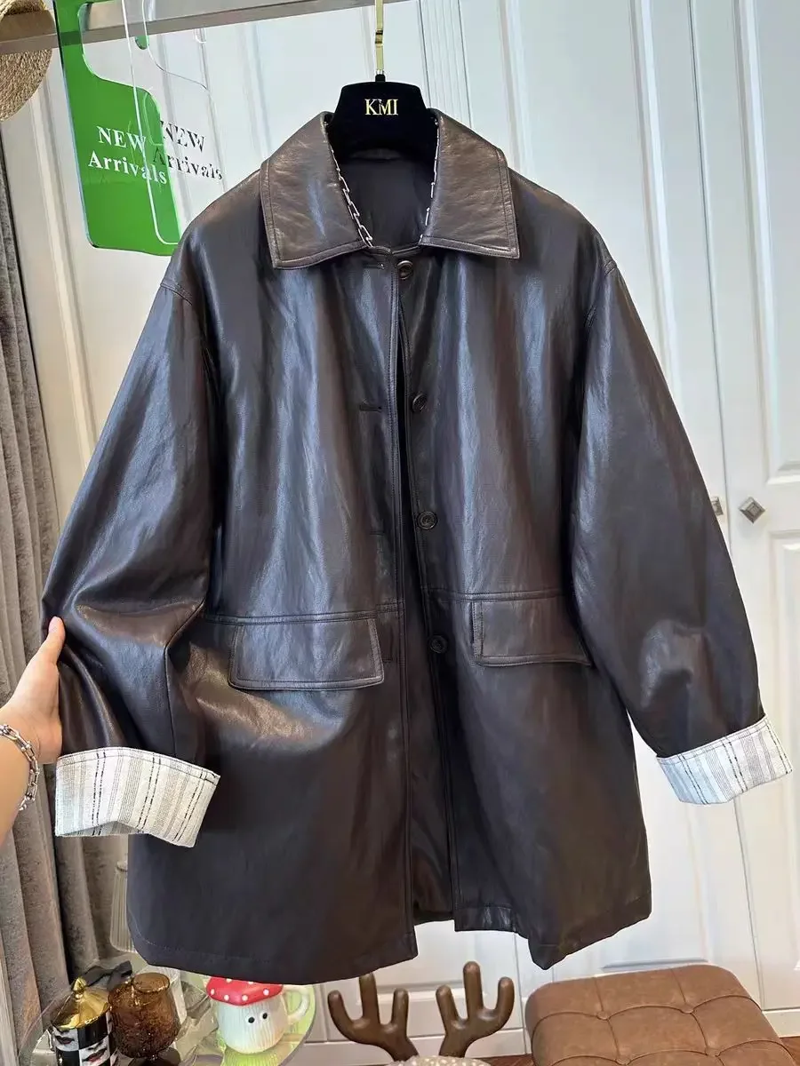 2025 Spring and Autumn New Women's Oversized Leather Jacket, Flip Collar PU Leather Jacket