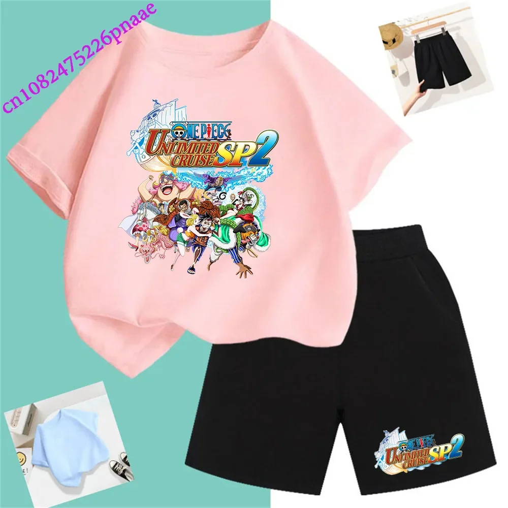 One Piece Pirate King Fashion Summer 2024 Cheap Girl Short T Shirt Kid Clothes Shorts Child Set Fashion Kawaii O-neck T-shirt