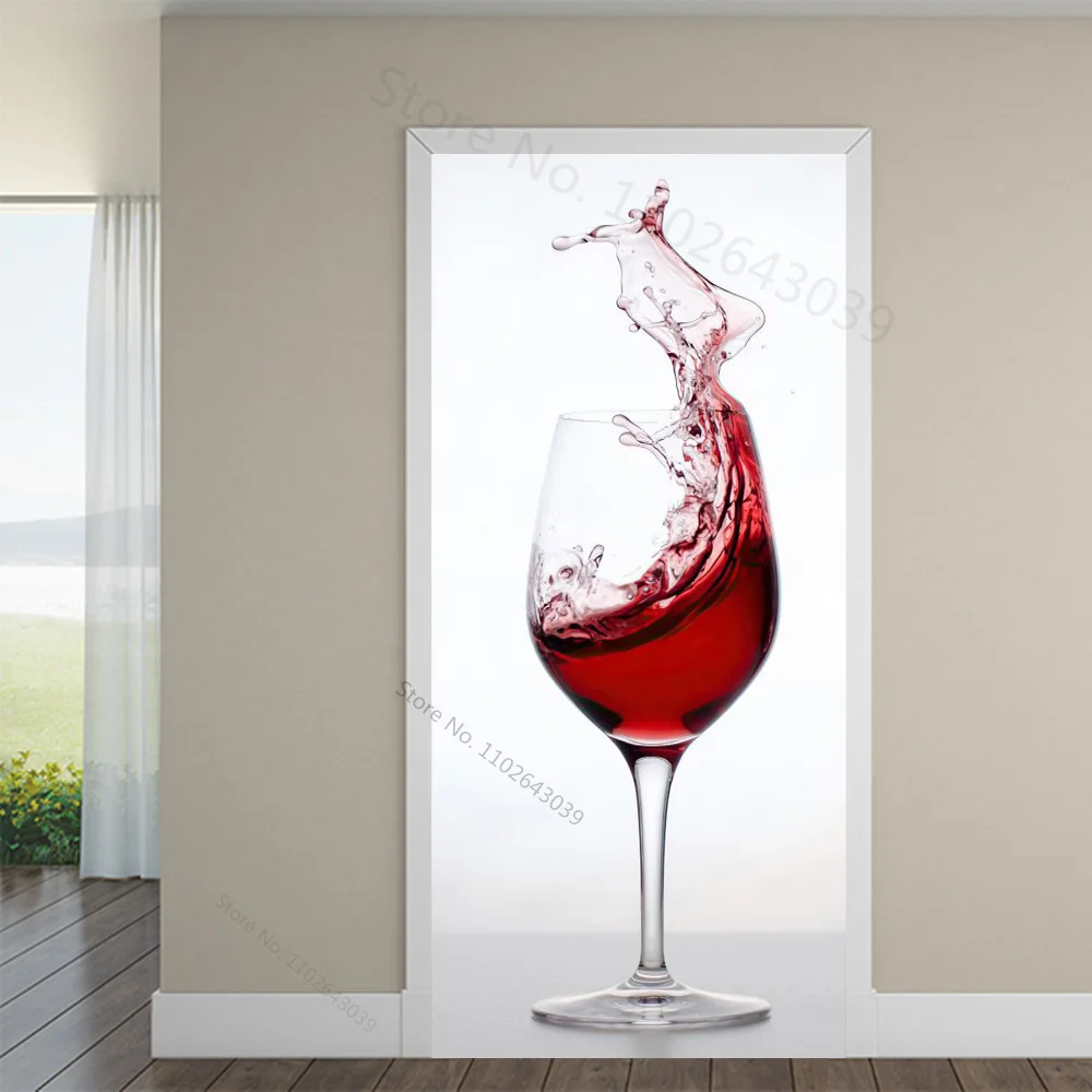 3D Red Wine Cup Door Sticker Room Home Decoration Red Rose Poster Wall Sticker Tear and Stick PVC Waterproof Wall Mural Vinyl