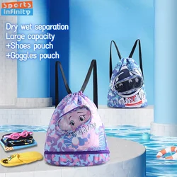 Sac de natation de dessin animé étanche pour enfants, support pour vêtements secs avec chaussures, stockage de lunettes, sac à dos de sport de piscine pour femmes