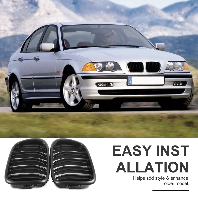 A45F-Front Bumper Kidney Grill Replacement Dual Slat Grilles For BMW E39 5 Series 525 528 1995-2004 Matte Black