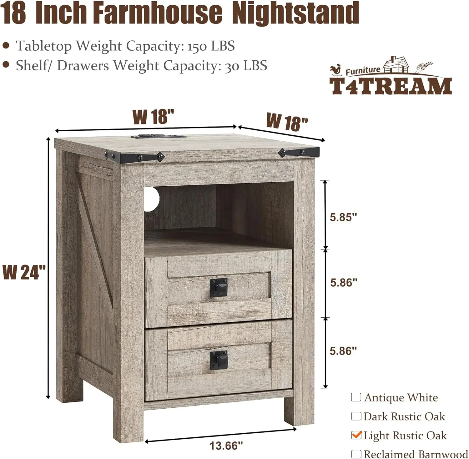 Nightstand wtih Charging Station, End Table, Side Table with 2 Drawers Storage Cabinet for Bedroom, Living Room, Farmhou