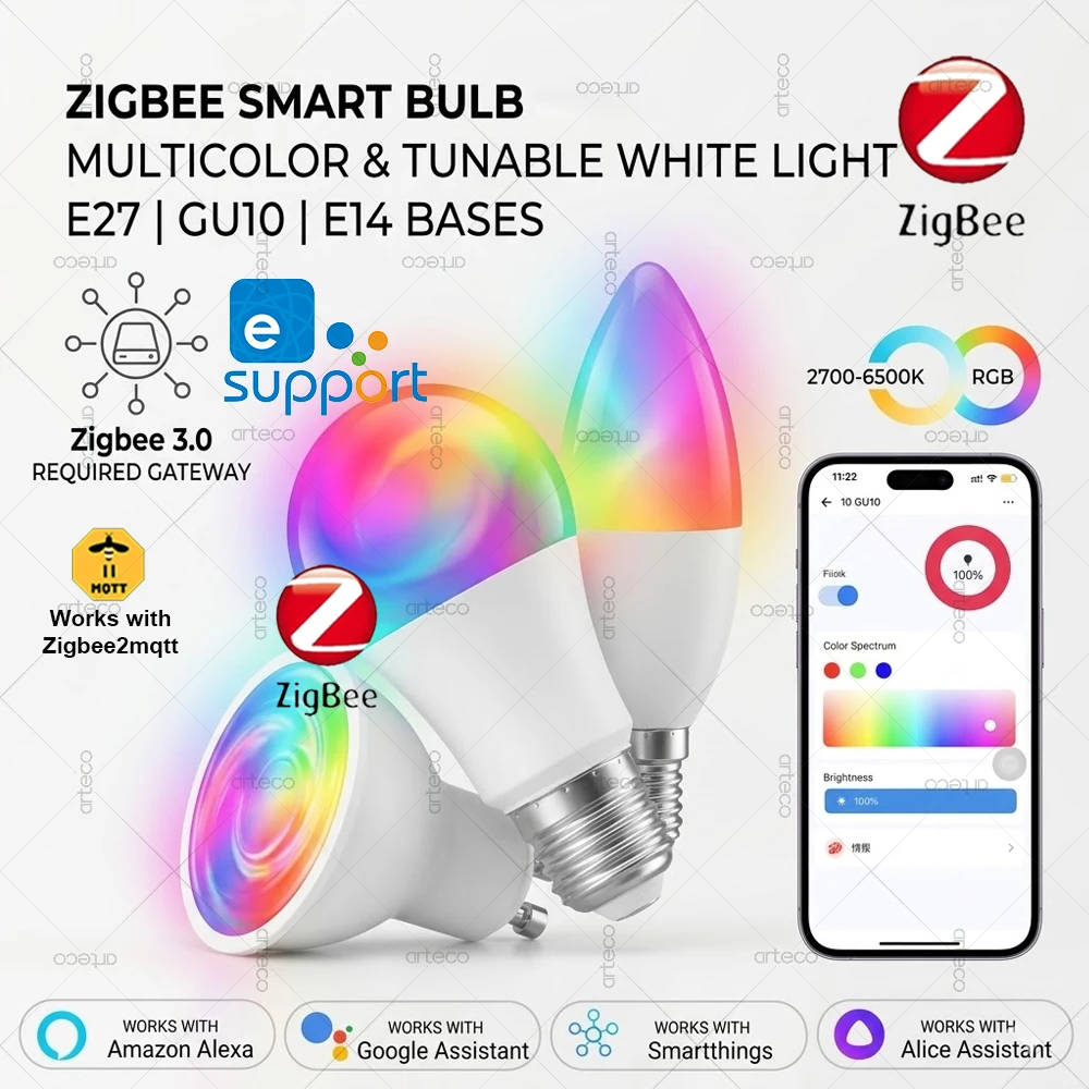 Zigbee Smart LED Bulb RGBCW E27 E14 GU10 Dimmable Lamp 2700-6500K Work with Ewelink Zigbee Bridge/Z2M Alexa Yandex Alice Gateway