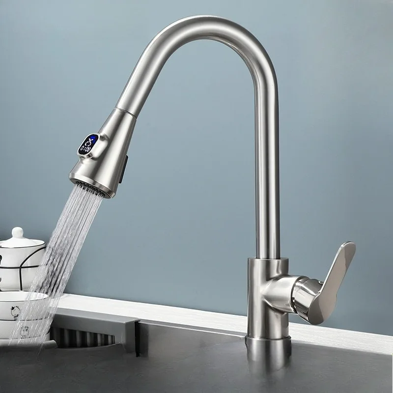 

Кухонный смеситель с цифровым дисплеем, выдвижной тип, универсальный телескопический брызгозащищенный бытовой смеситель для овощей с горячей и холодной водой